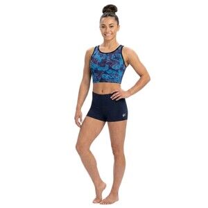 GK Elite VTG 2pc Gymnastics Shorts + Longline Sport Bra Set Logo Navy Blue Sz AS